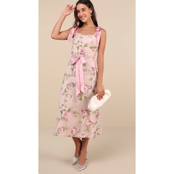 Lulus Pink Floral Applique Tie-Strap Midi Authentic Sweetness Dress Size S - Picture 8 of 12